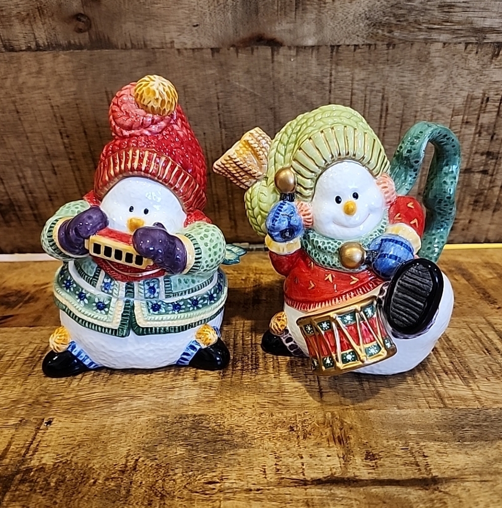 Fitz And Floyd Classics Snowman Jamboree Creamer And Sugar Bowl W/Lid & Spoon
